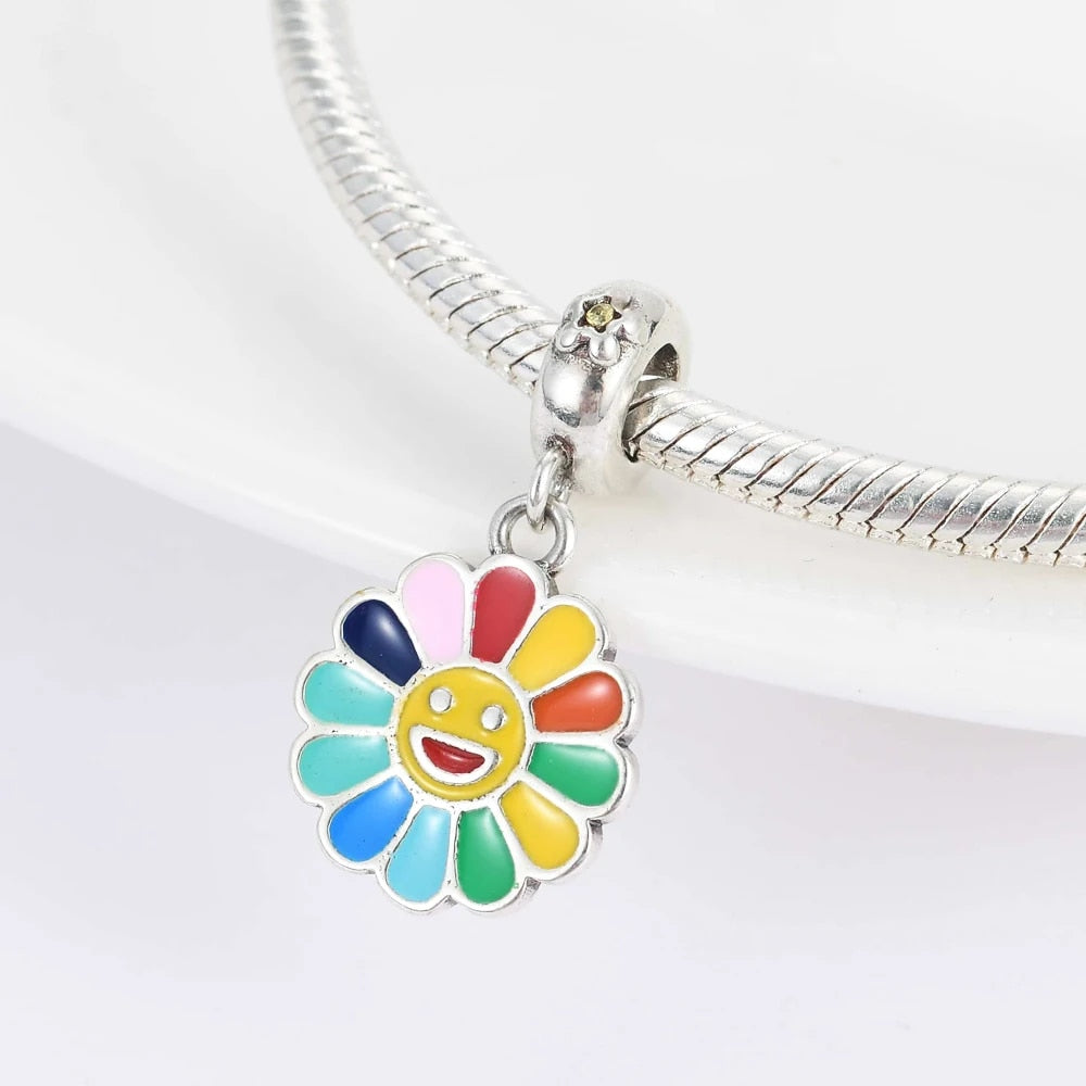 Japanese Murakami Takashi Rainbow Sunflowers Dangle Charm for Bracelet, S925 Sterling Silver