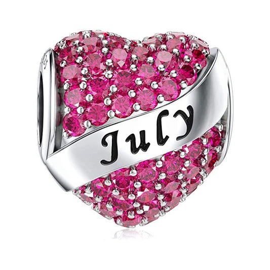 July Birthstone Heart Charm for Bracelet, S925 Sterling Silver