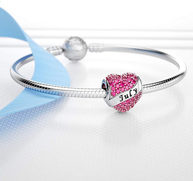 July Birthstone Heart Charm for Bracelet, S925 Sterling Silver