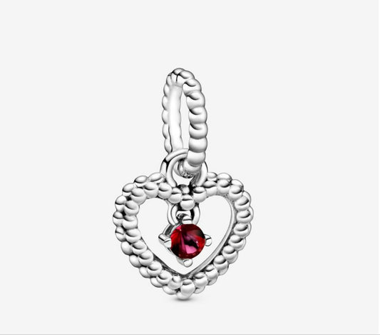 July Birthstone Heart Month Dangle Silver Charm for Bracelet, S925 Sterling Silver