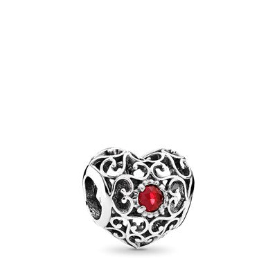 July Silver Heart With Synthetic Ruby Birthstone Month Charm for Bracelet, S925 Sterling Silver