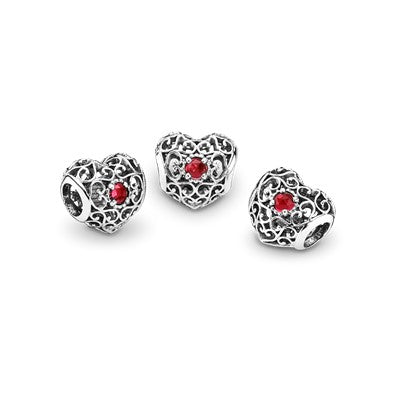 July Silver Heart With Synthetic Ruby Birthstone Month Charm for Bracelet, S925 Sterling Silver