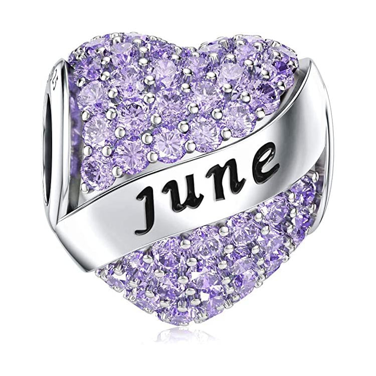 June Birthstone Heart Charm for Bracelet, S925 Sterling Silver