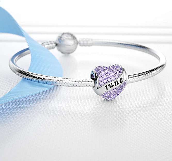 June Birthstone Heart Charm for Bracelet, S925 Sterling Silver