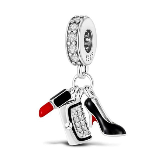 Lipstick High Heels Bag Charm for Bracelet, S925 Sterling Silver