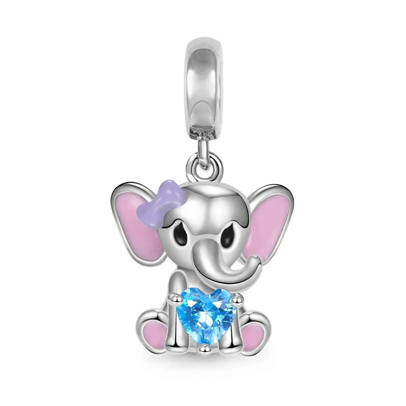 Little Elephant with Heart Charm for Bracelet, S925 Sterling Silver