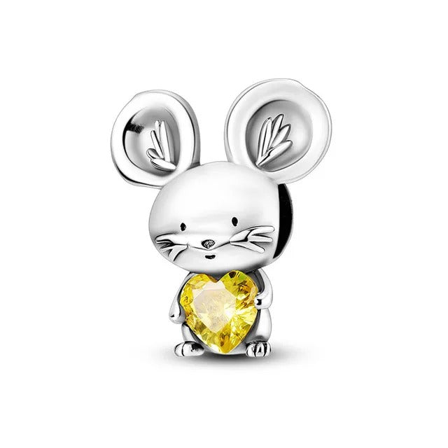 Little Mouse with Heart Charm for Bracelet, S925 Sterling Silver