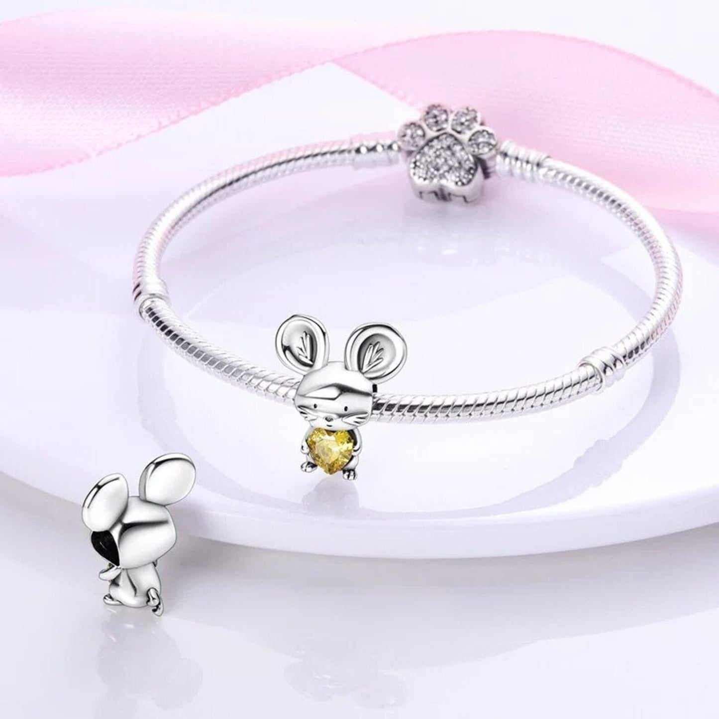 Little Mouse with Heart Charm for Bracelet, S925 Sterling Silver