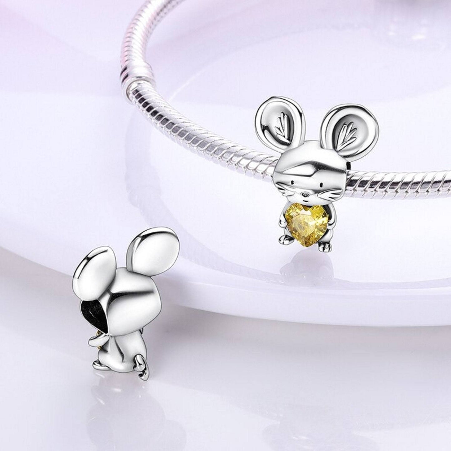 Little Mouse with Heart Charm for Bracelet, S925 Sterling Silver