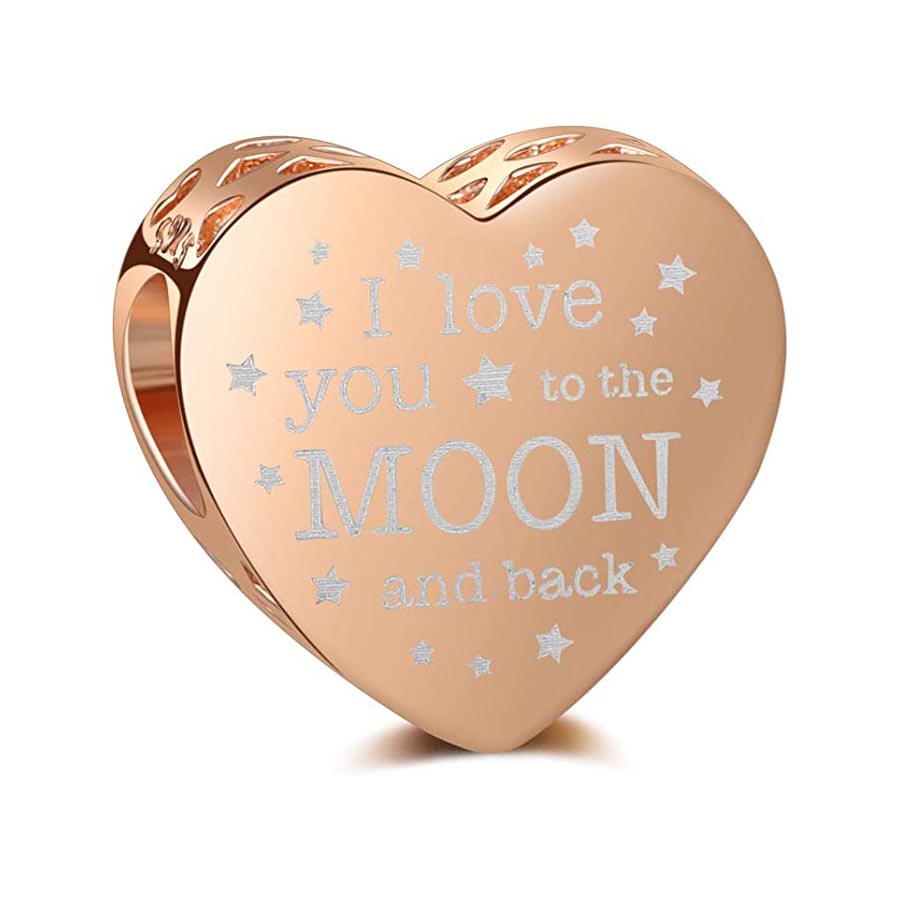 Rose Gold I Love You to The Moon and Back Heart Charm for Bracelet, S925 Sterling Silver