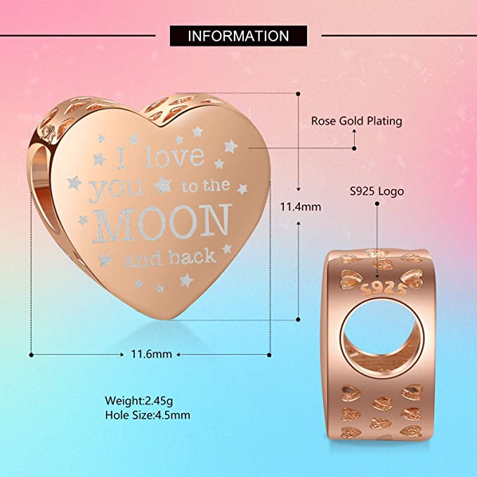 Rose Gold I Love You to The Moon and Back Heart Charm for Bracelet, S925 Sterling Silver