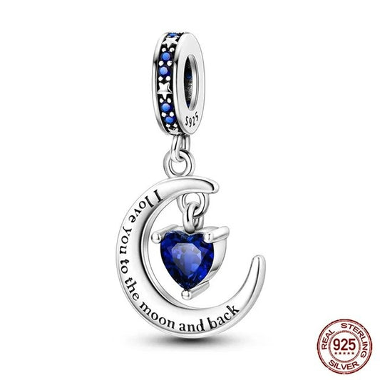 I Love You to the Moon and Back Heart Charm for Bracelet, S925 Sterling Silver