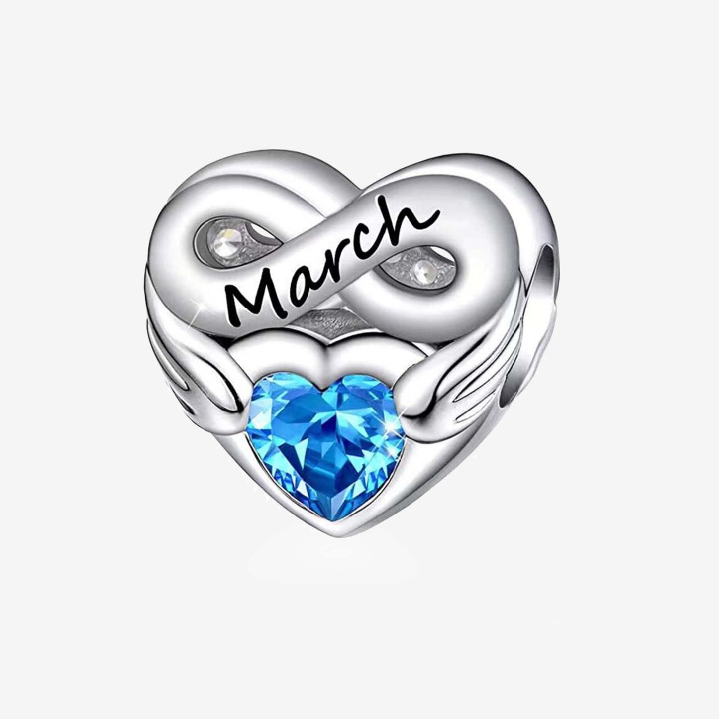 March Birthstone Months Heart Charm for Bracelet, S925 Sterling Silver