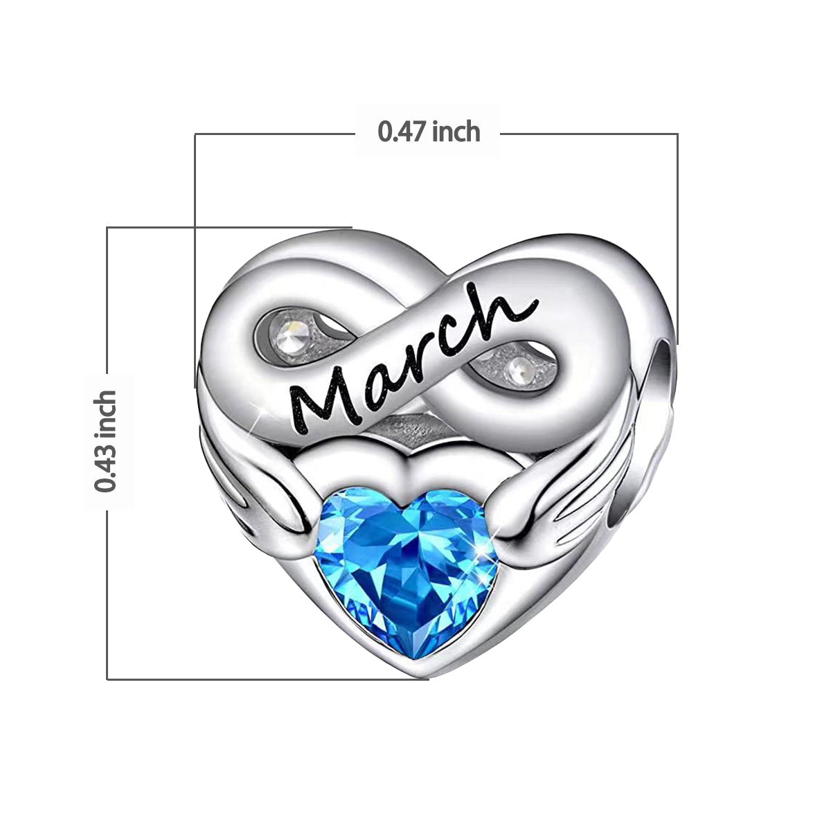 March Birthstone Months Heart Charm for Bracelet, S925 Sterling Silver