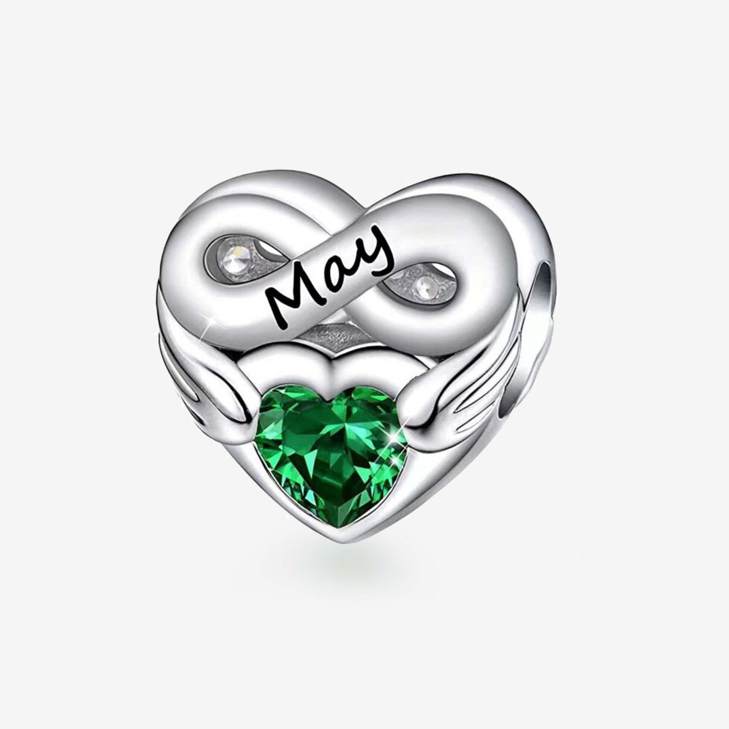 May Birthstone Months Heart Charm for Bracelet, S925 Sterling Silver