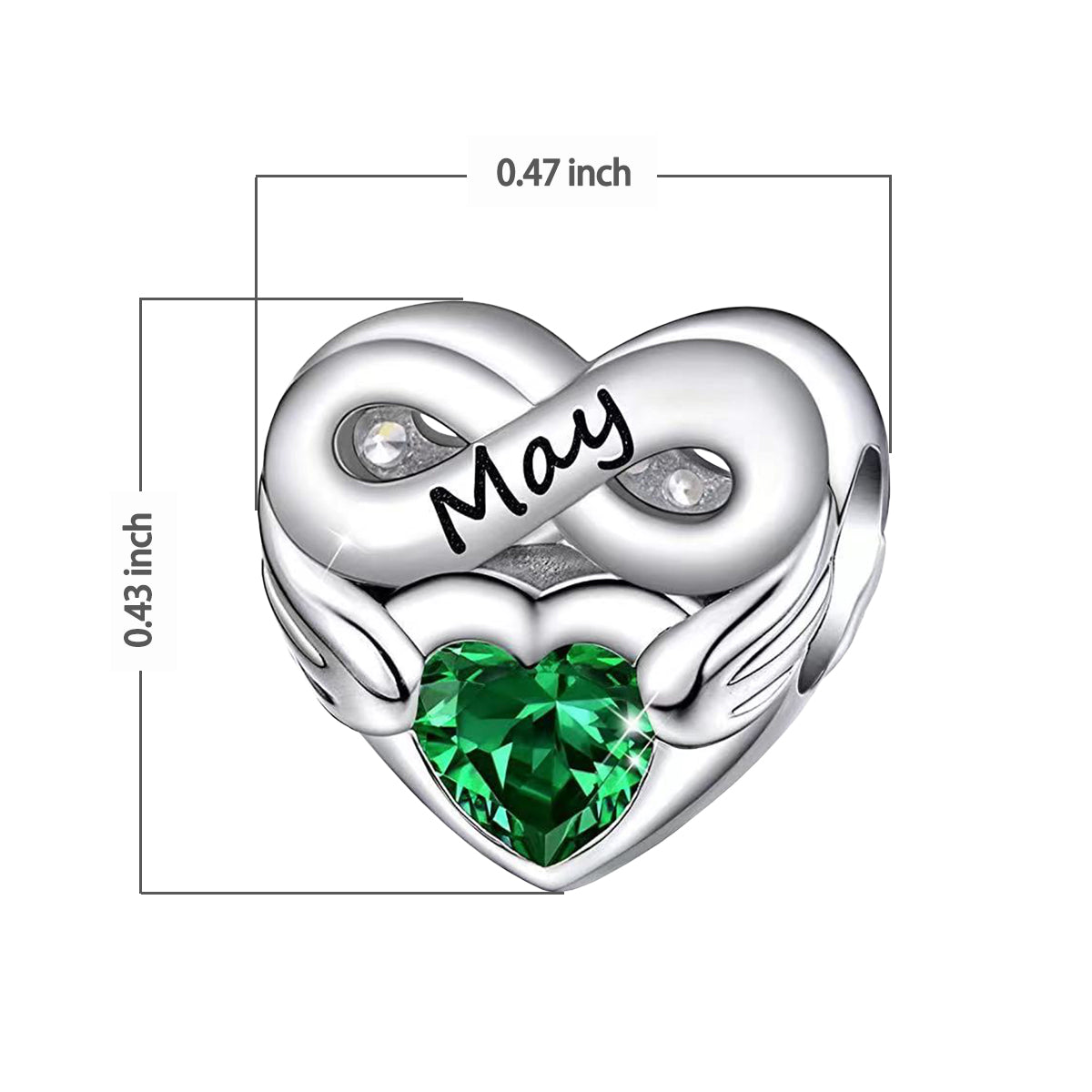 May Birthstone Months Heart Charm for Bracelet, S925 Sterling Silver