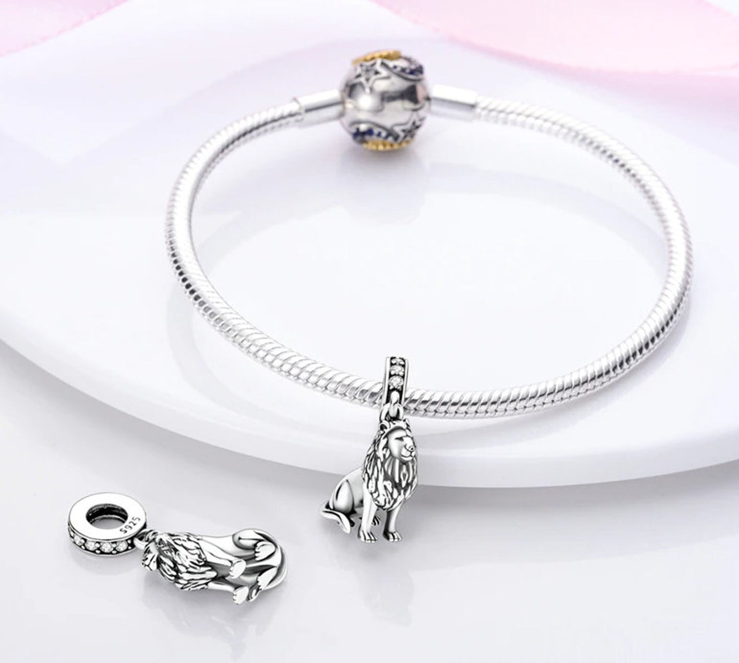 Majestic Lion Charm for Bracelet, S925 Sterling Silver