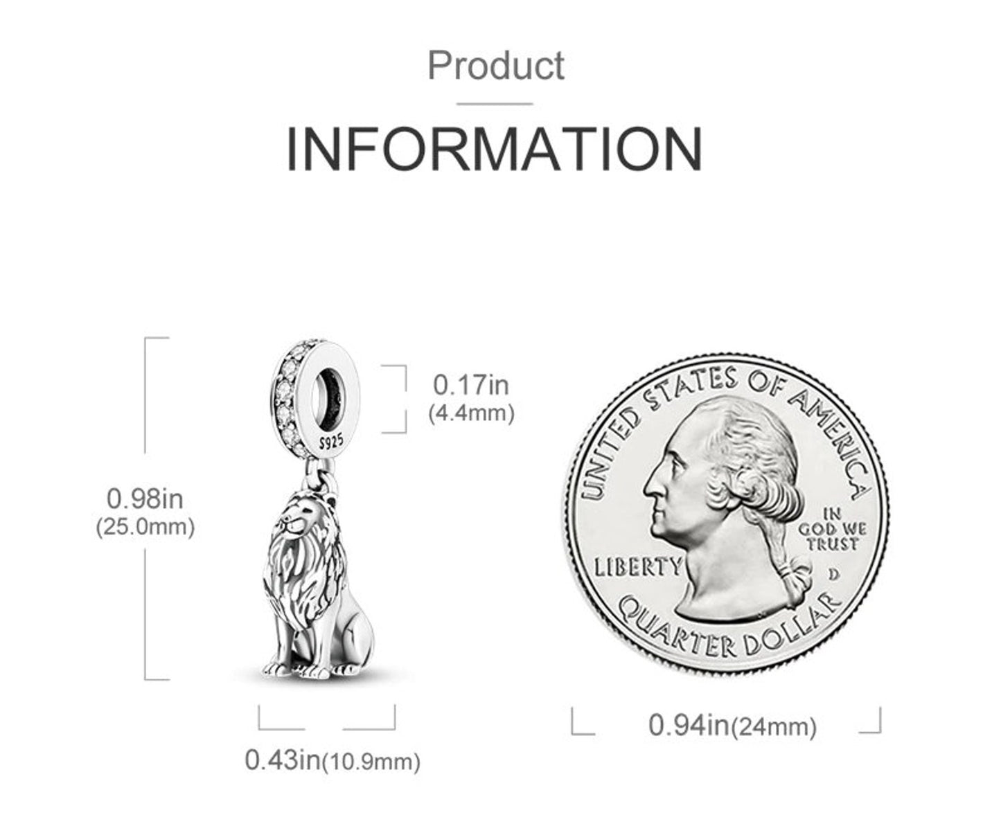 Majestic Lion Charm for Bracelet, S925 Sterling Silver