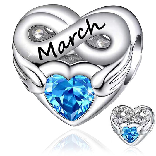 March Birthstone Months Heart Charm for Bracelet, S925 Sterling Silver