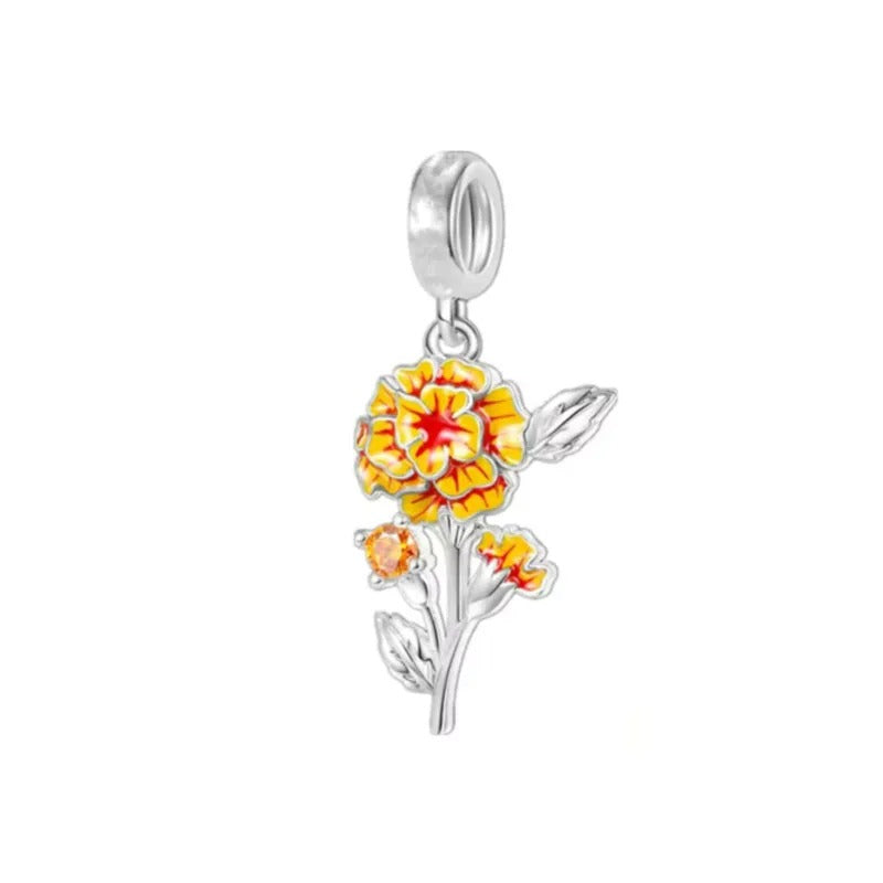 Marigold Flower Charm for Bracelet, S925 Sterling Silver