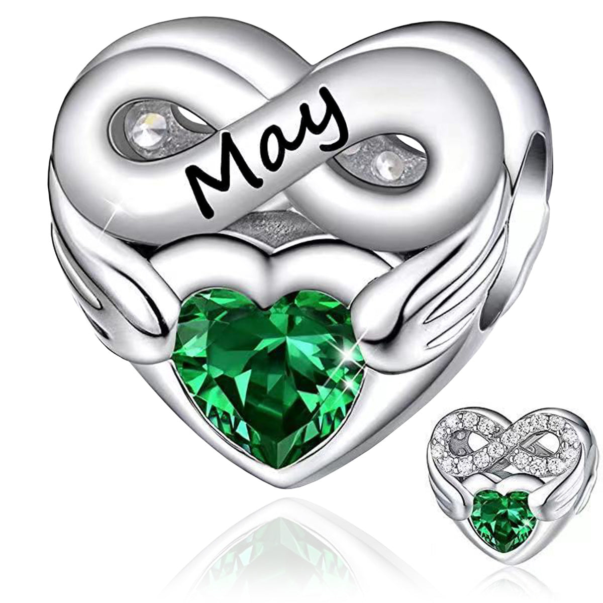 May Birthstone Months Heart Charm for Bracelet, S925 Sterling Silver