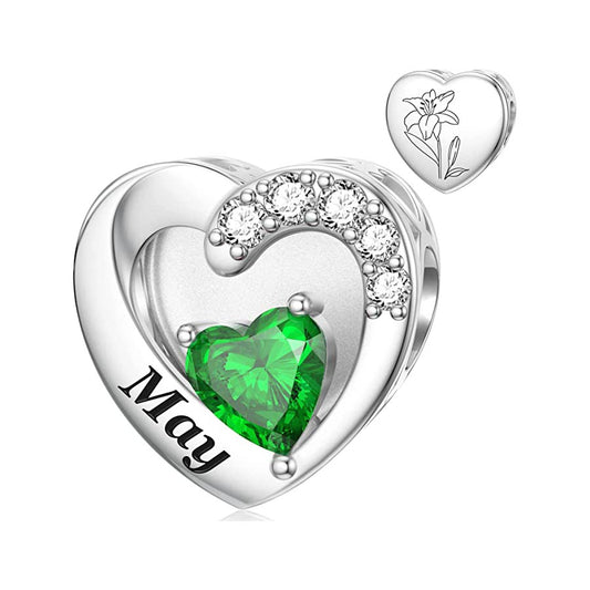 May Birthstone Heart Charm for Bracelet, S925 Sterling Silver