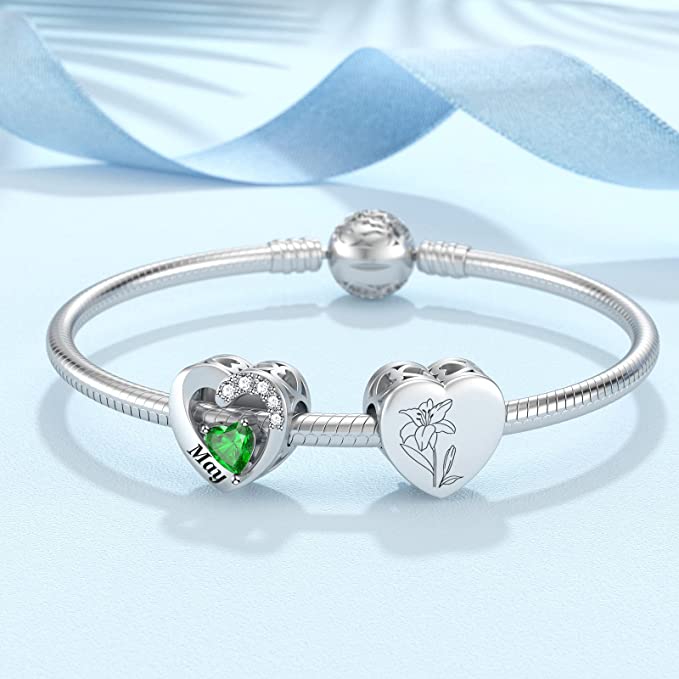 May Birthstone Heart Charm for Bracelet, S925 Sterling Silver