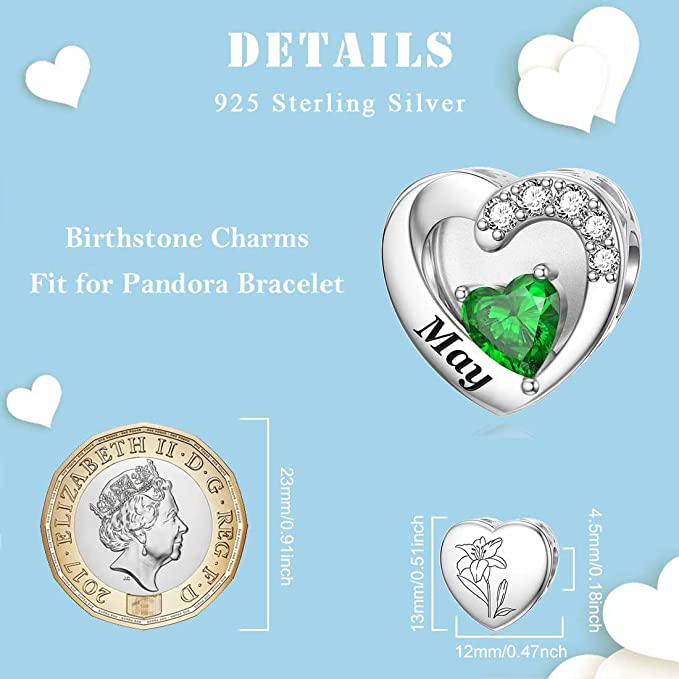 May Birthstone Heart Charm for Bracelet, S925 Sterling Silver