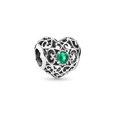 May Silver Heart With Royal Green Crystal Birthstone Month Charm for Bracelet, S925 Sterling Silver