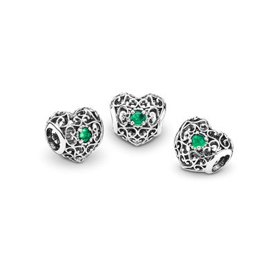 May Silver Heart With Royal Green Crystal Birthstone Month Charm for Bracelet, S925 Sterling Silver