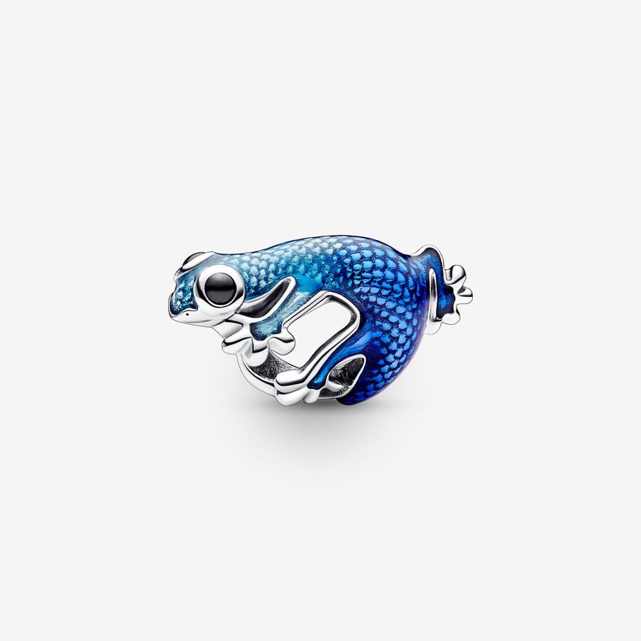 Metallic Blue Gecko Charm for Bracelet, S925 Sterling Silver