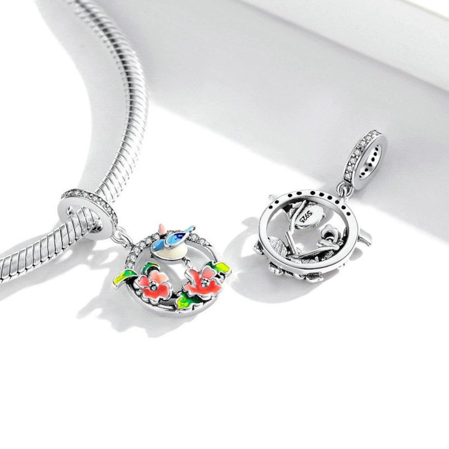 Multicolor Bird & Flowers CZ Pendant Charm for Bracelet, S925 Sterling Silver