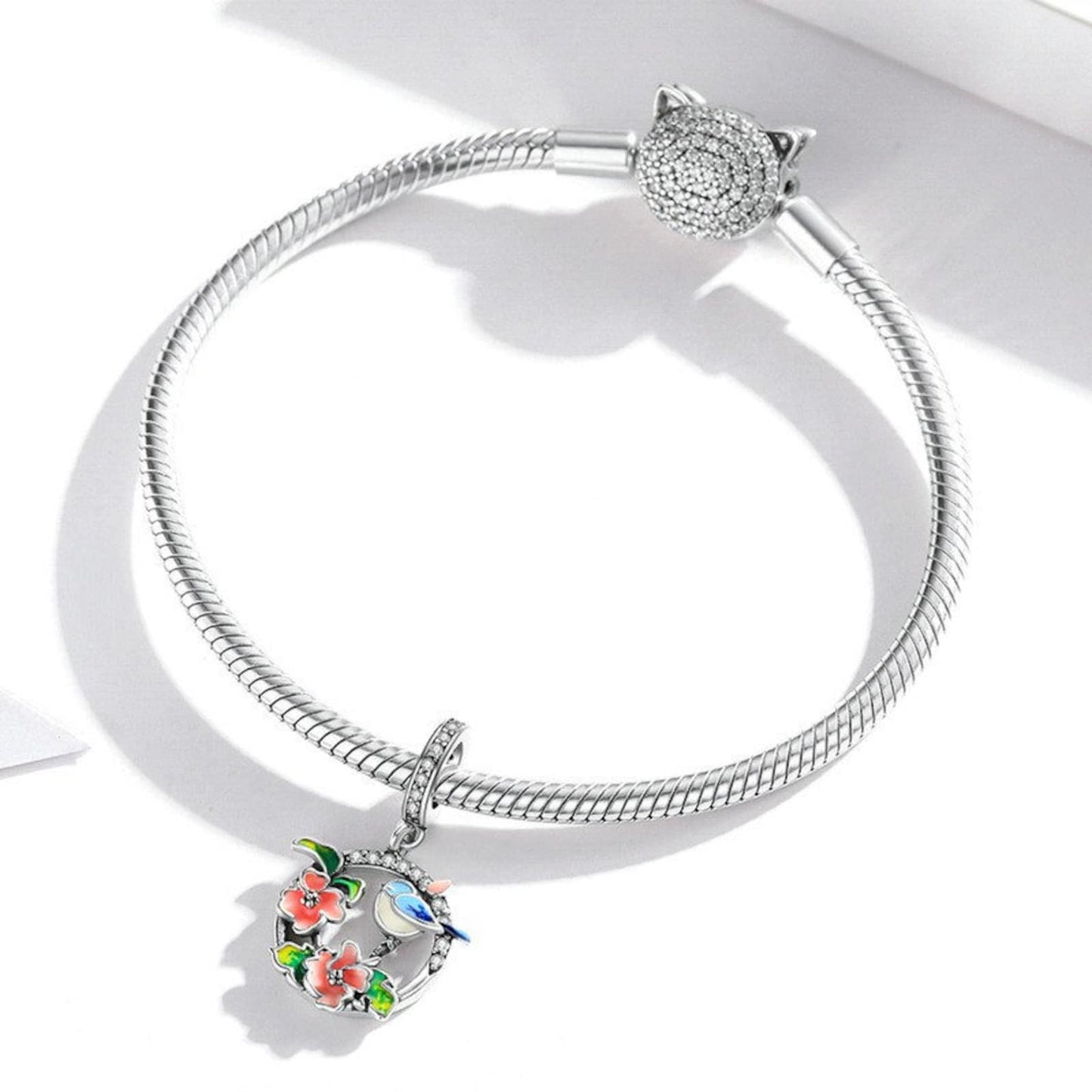 Multicolor Bird & Flowers CZ Pendant Charm for Bracelet, S925 Sterling Silver