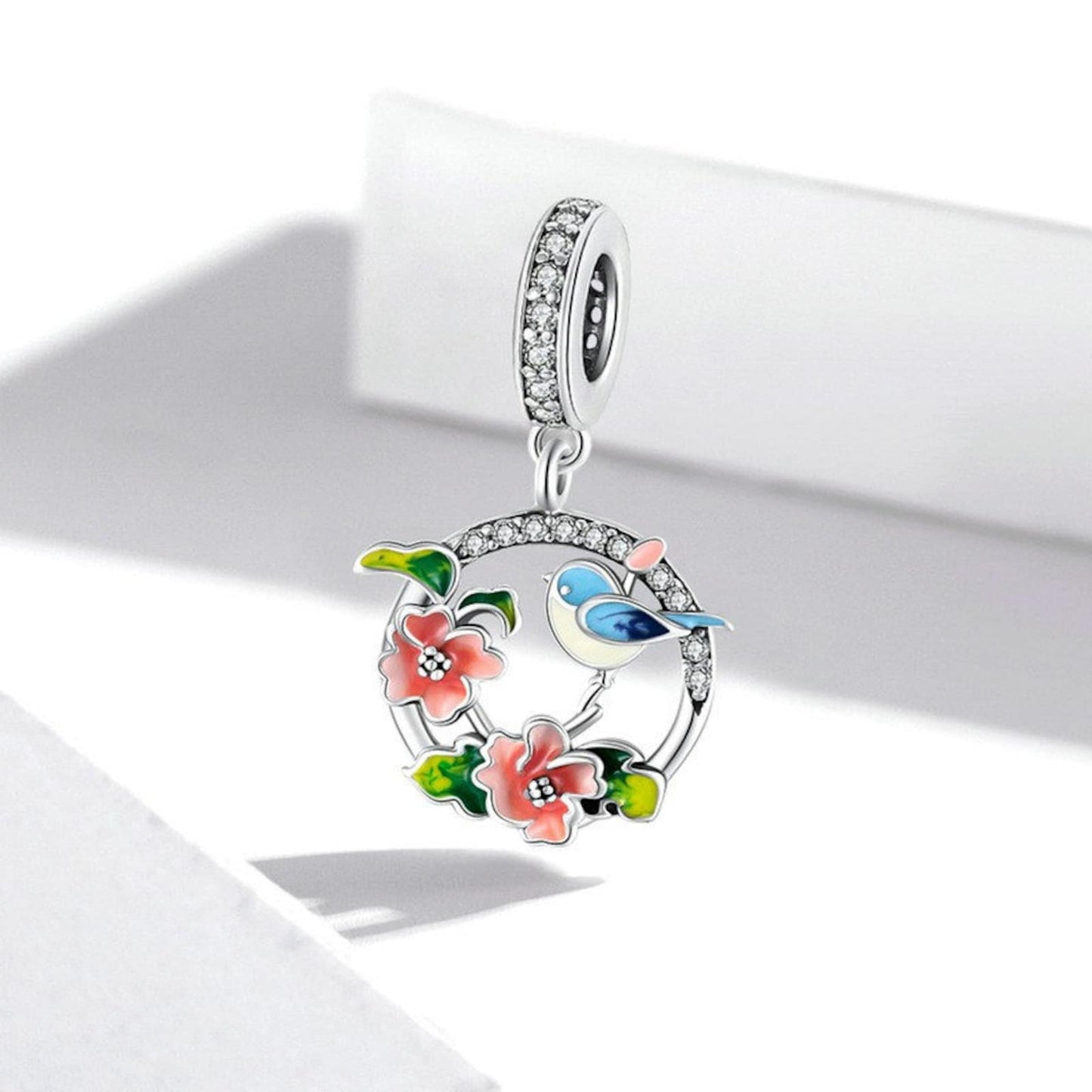 Multicolor Bird & Flowers CZ Pendant Charm for Bracelet, S925 Sterling Silver