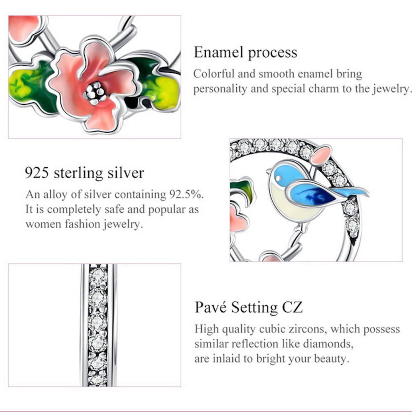 Multicolor Bird & Flowers CZ Pendant Charm for Bracelet, S925 Sterling Silver