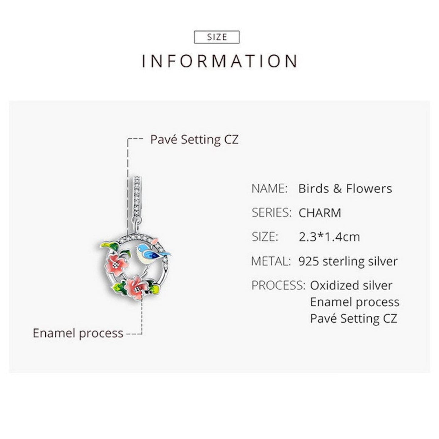 Multicolor Bird & Flowers CZ Pendant Charm for Bracelet, S925 Sterling Silver