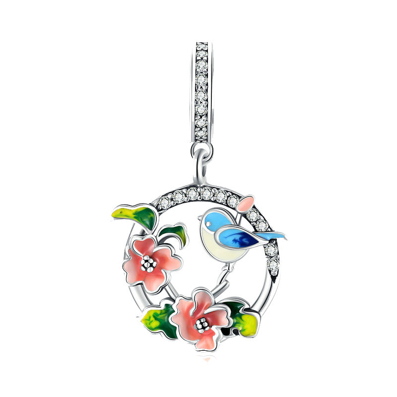 Multicolor Bird & Flowers CZ Pendant Charm for Bracelet, S925 Sterling Silver