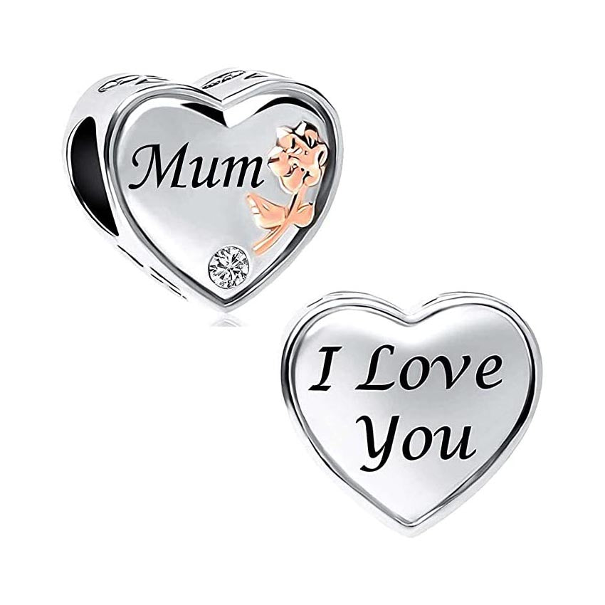 Mum I Love You Heart Charm for Bracelet, S925 Sterling Silver