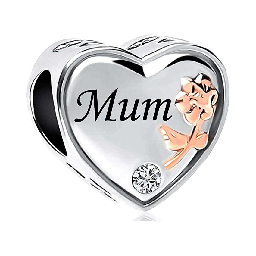 Mum I Love You Heart Charm for Bracelet, S925 Sterling Silver