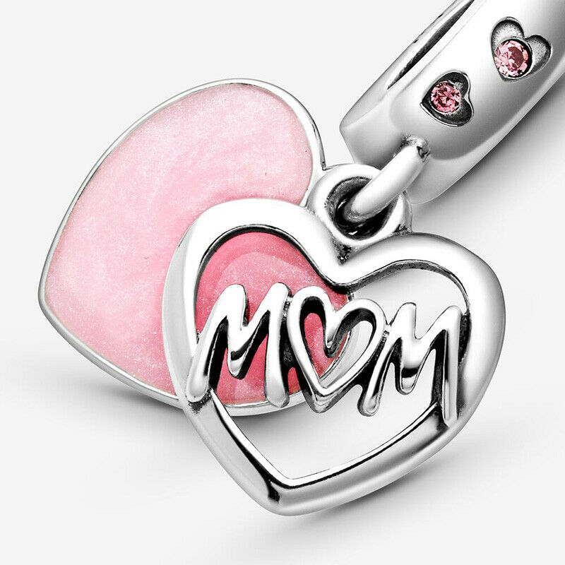 Mom Script Heart Dangle Charm For Bracelet, S925 Sterling Silver