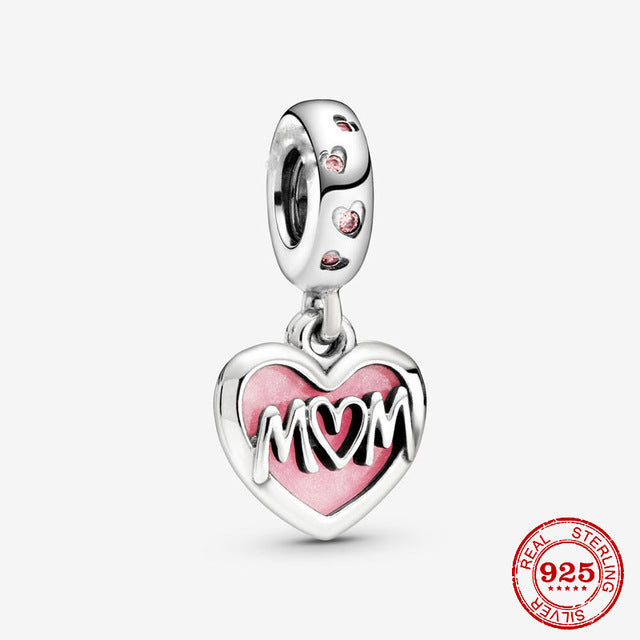 Mom Script Heart Dangle Charm For Bracelet, S925 Sterling Silver