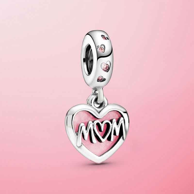 Mom Script Heart Dangle Charm For Bracelet, S925 Sterling Silver