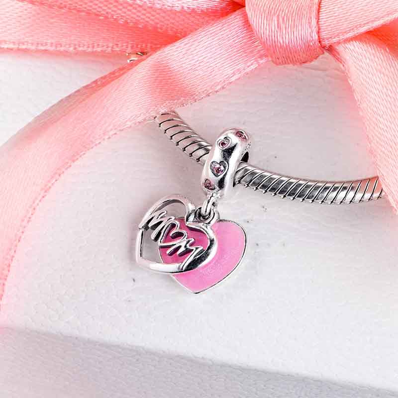 Mom Script Heart Dangle Charm For Bracelet, S925 Sterling Silver