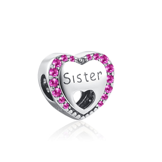 My Sweet Sister Pink Heart Charm for Bracelet, S925 Sterling Silver