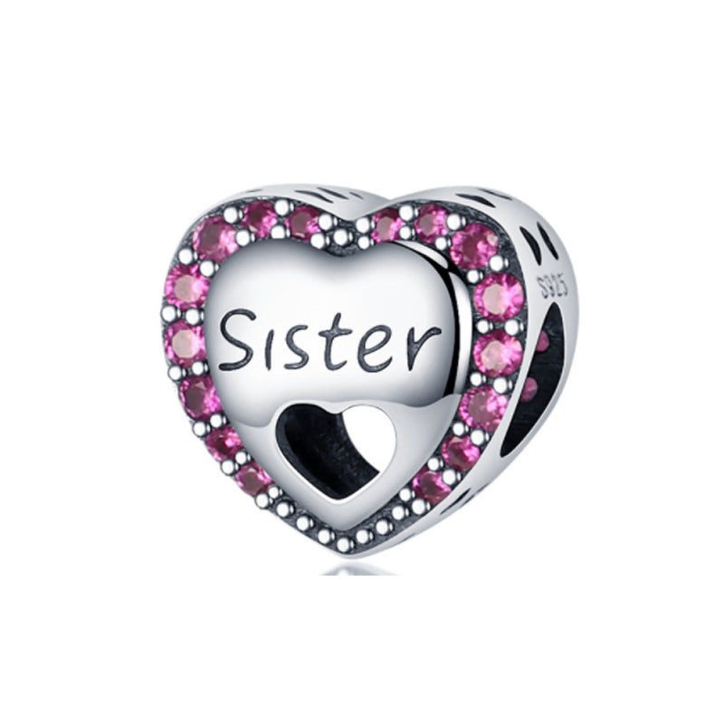 My Sweet Sister Pink Heart Charm for Bracelet, S925 Sterling Silver