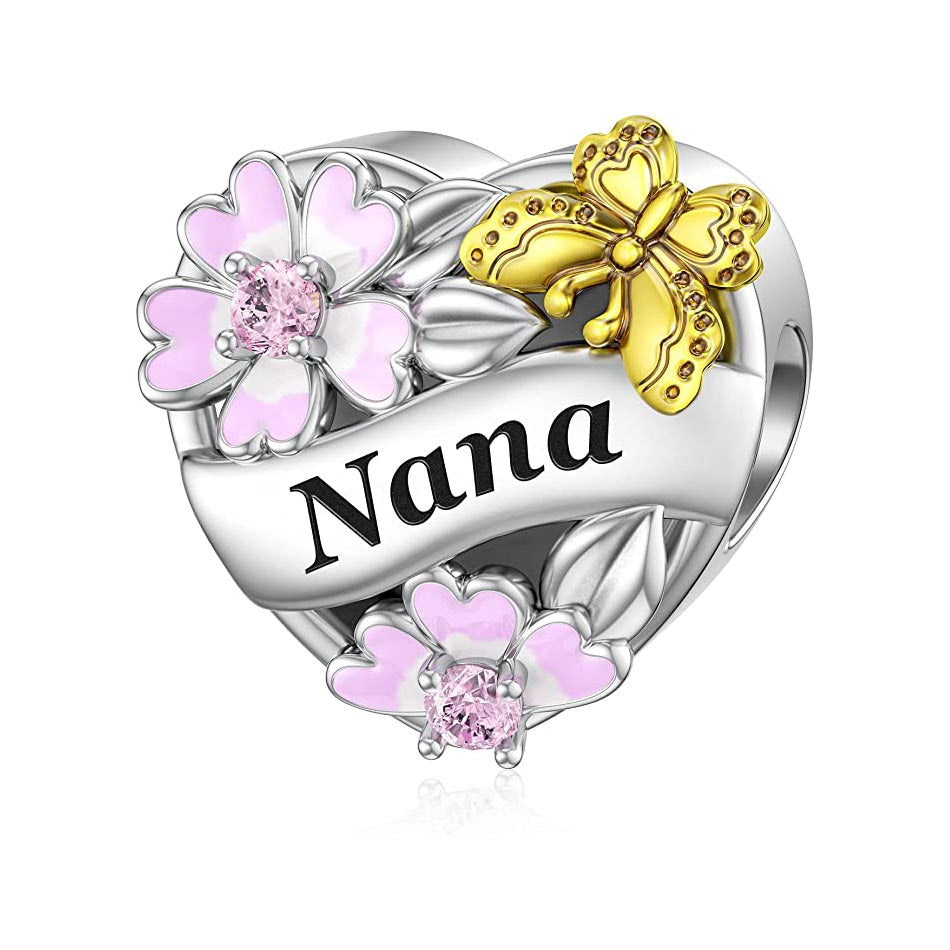 Nana Flower & Butterfly Heart Charm for Bracelet, S925 Sterling Silver