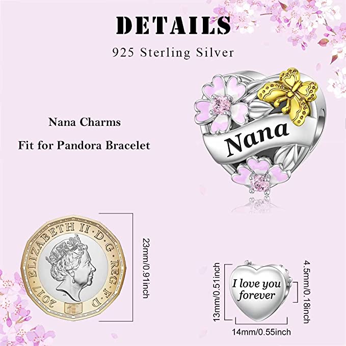 Nana Flower & Butterfly Heart Charm for Bracelet, S925 Sterling Silver