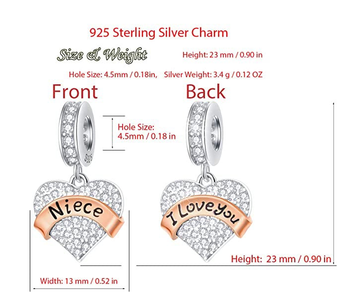 Niece I Love You CZ Pendant Charm for Bracelet, S925 Sterling Silver