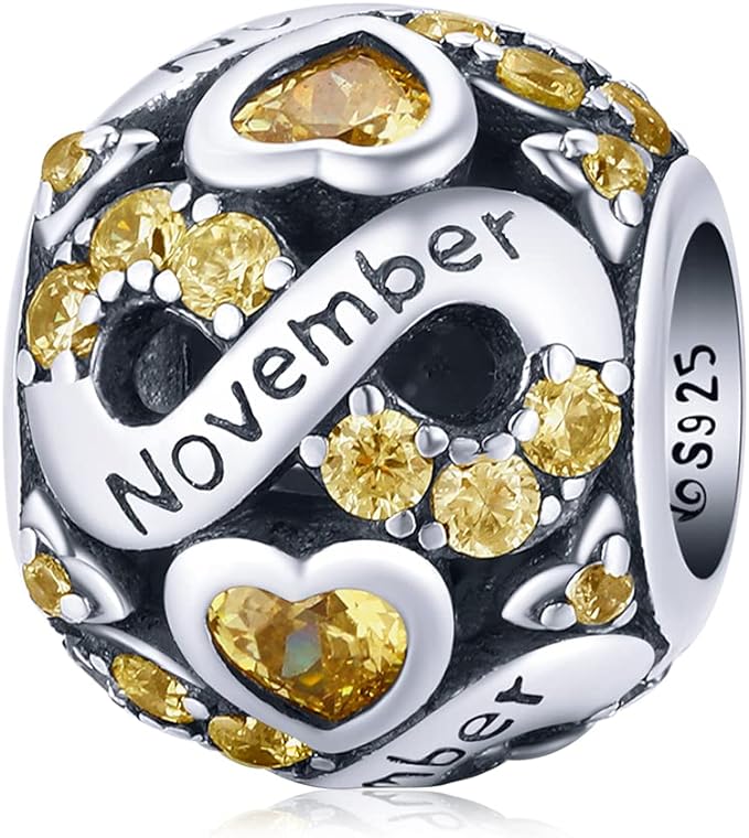 November Birthstone Infinity Birthday Bead Charm for Bracelet, S925 Sterling Silver