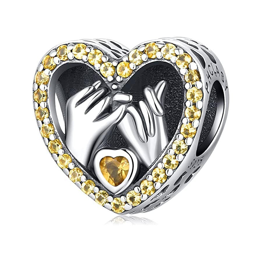 November Birthstone Hands & Heart Charm for Bracelet, S925 Sterling Silver